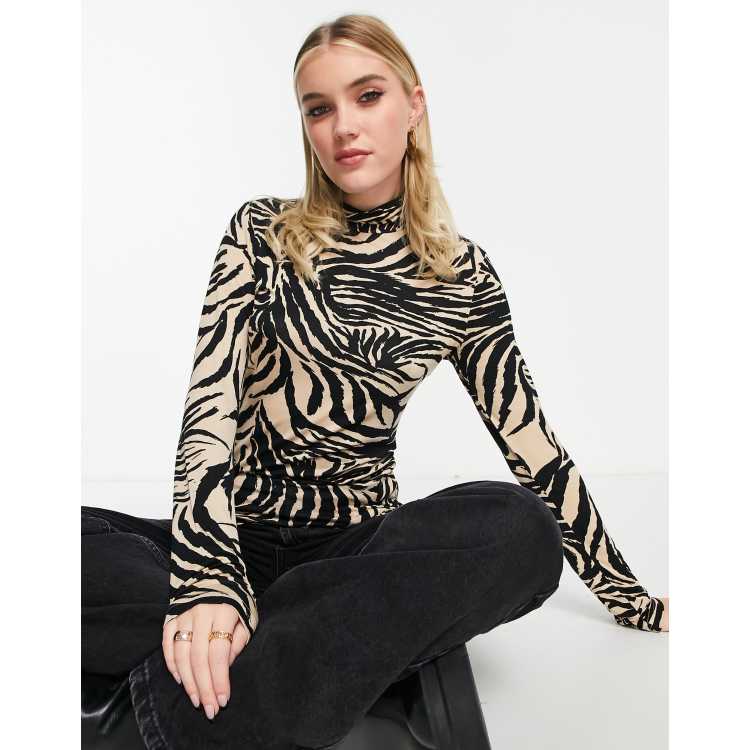 Monki high neck top in beige and black zebra print ASOS