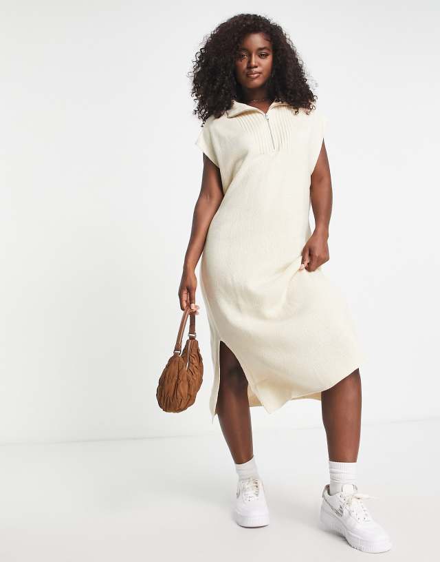 Monki high neck zip collar knitted dress in beige