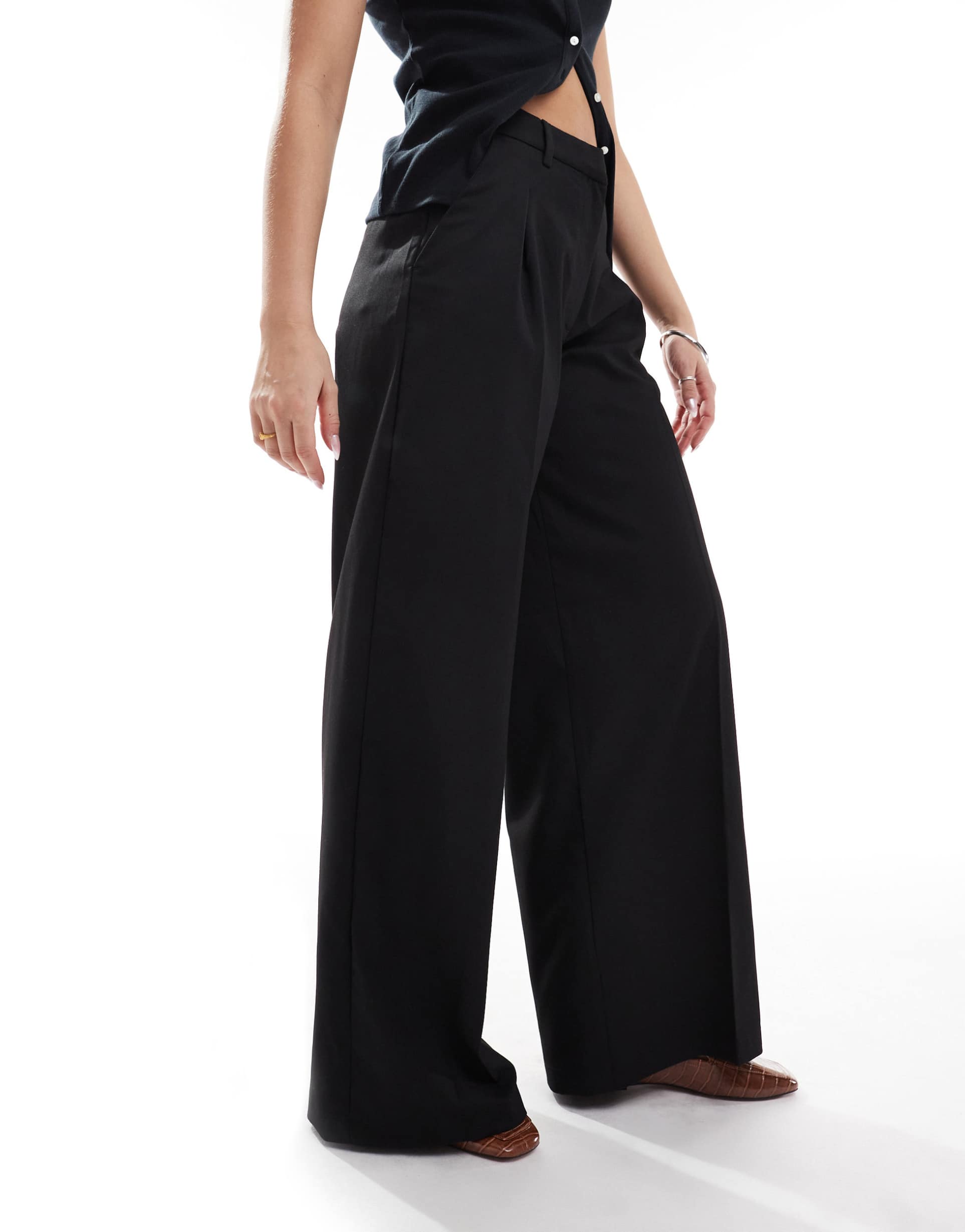 monki high rise wide leg pants with front pleat in black