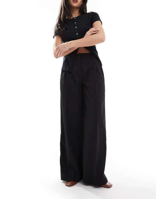 Monki high rise wide leg pants with front pleat in black