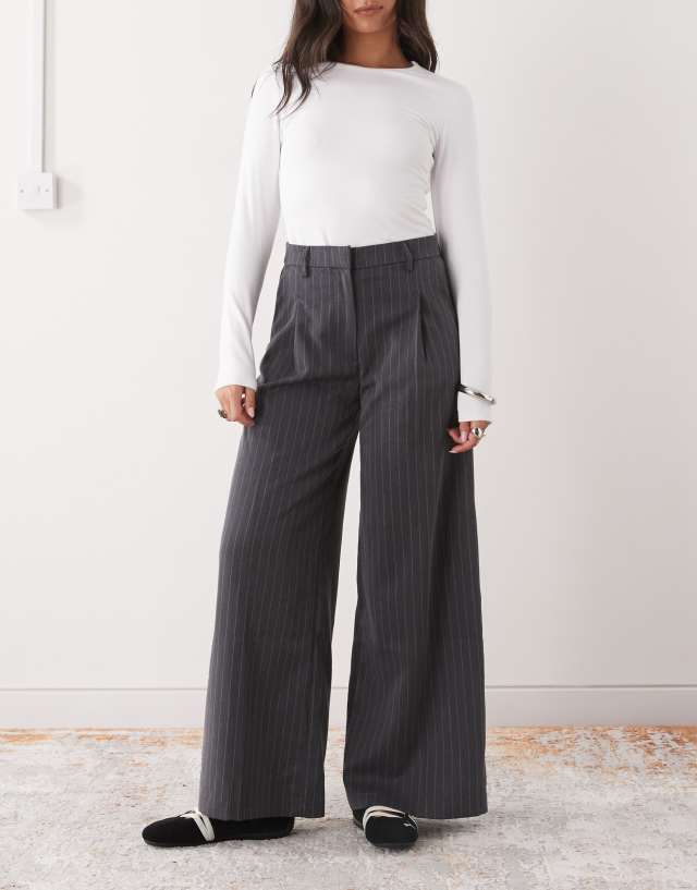 Monki high rise wide leg tailored pants in dark gray pinstripe | ASOS