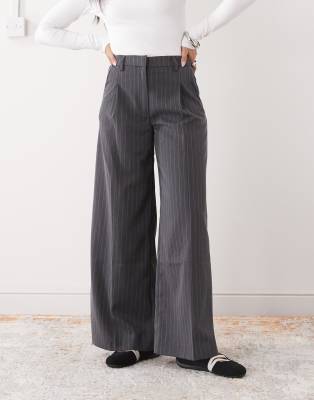 Monki High Rise Wide Leg Tailored Pants In Gray