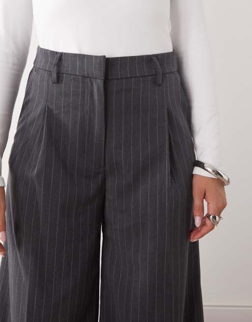 Monki high rise wide leg tailored pants in dark gray pinstripe | ASOS