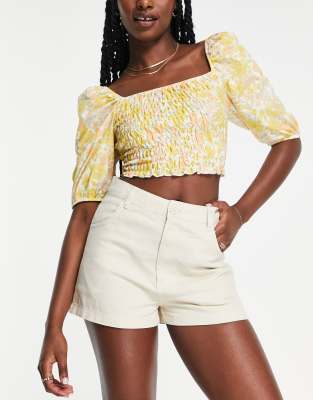 Monki High Waist Denim Shorts In Stone-neutral