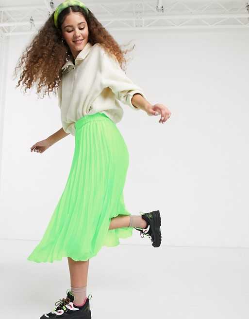 Monki high waist pleat midi skirt in neon green