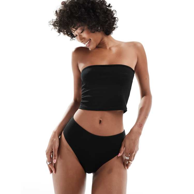 Monki high waist ribbed thong in black