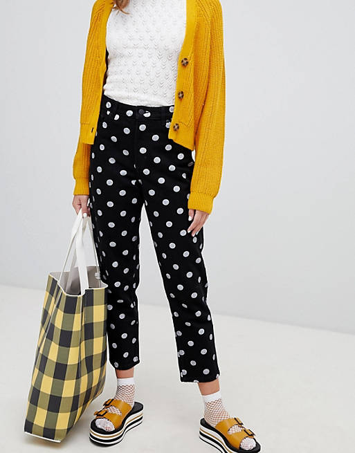 Monki high waist straight mom jeans with organic cotton and polka dot print in black