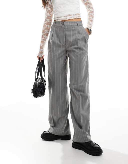 Monki high waist tailored pants in gray with white pinstripe