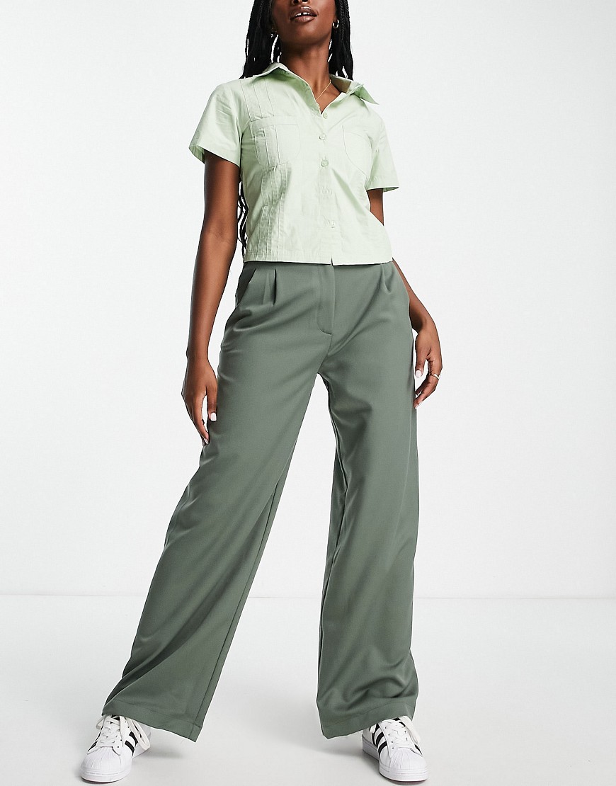 Monki high waist tailored trousers in khaki-Green