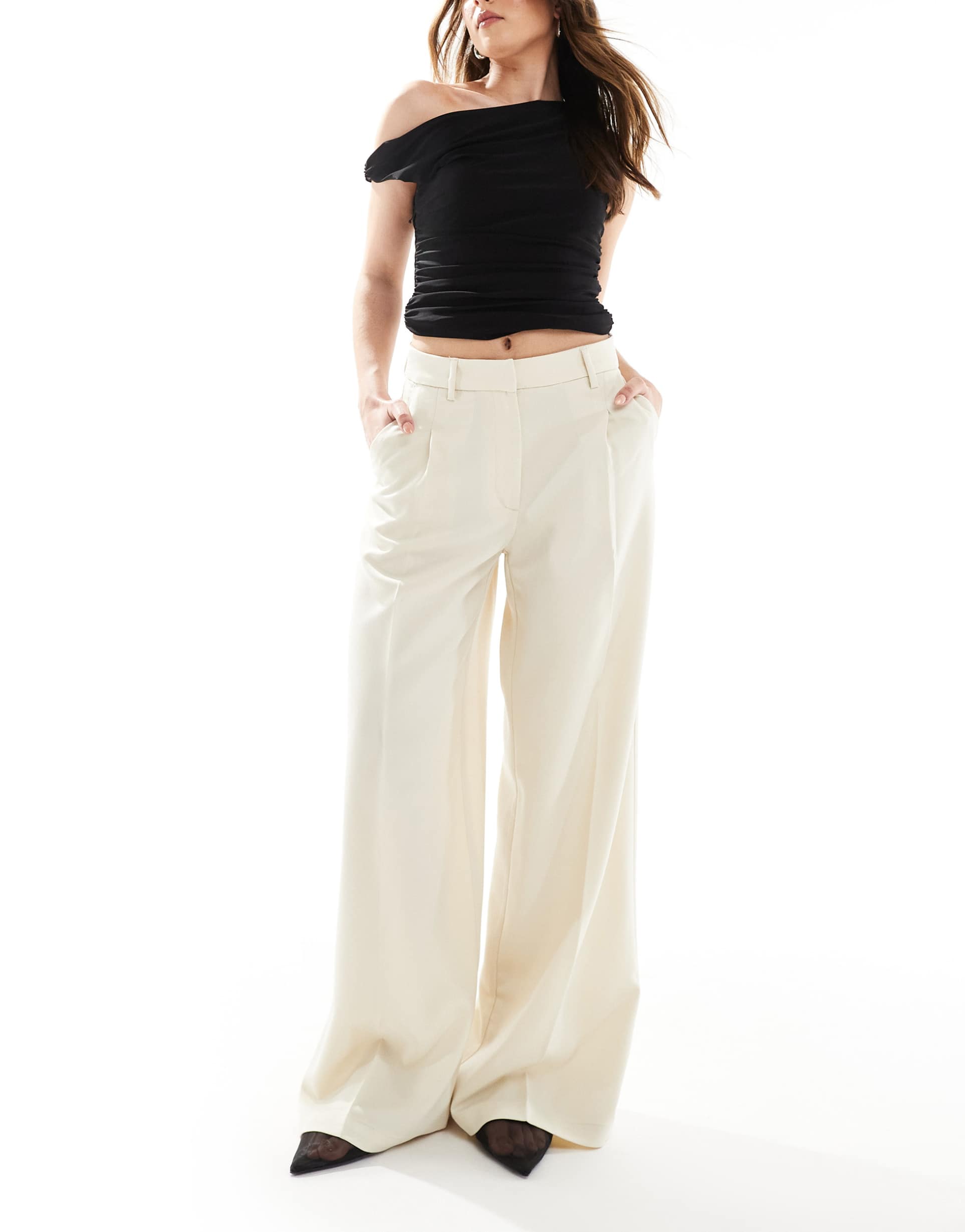 monki high waist wide leg pants with front pleat in beige