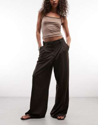 Monki High Waist Wide Leg Pants With Front Pleat In Brown