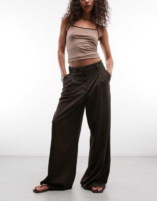 Monki high waist wide leg pants with front pleat in dark brown | ASOS
