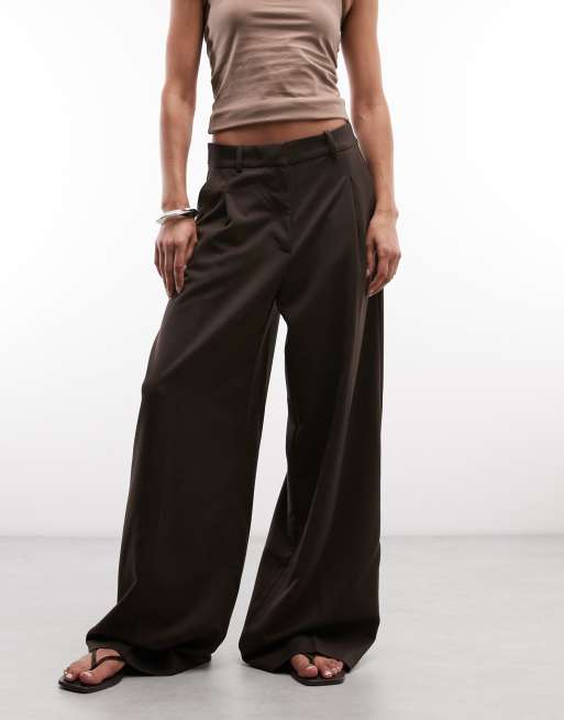Monki high waist wide leg pants with front pleat in dark brown, 2 of 5