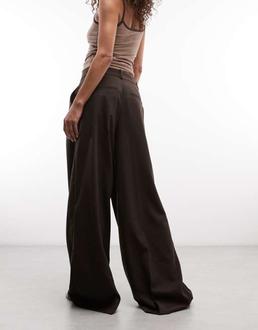 Monki high waist wide leg pants with front pleat in dark brown, 5 of 5
