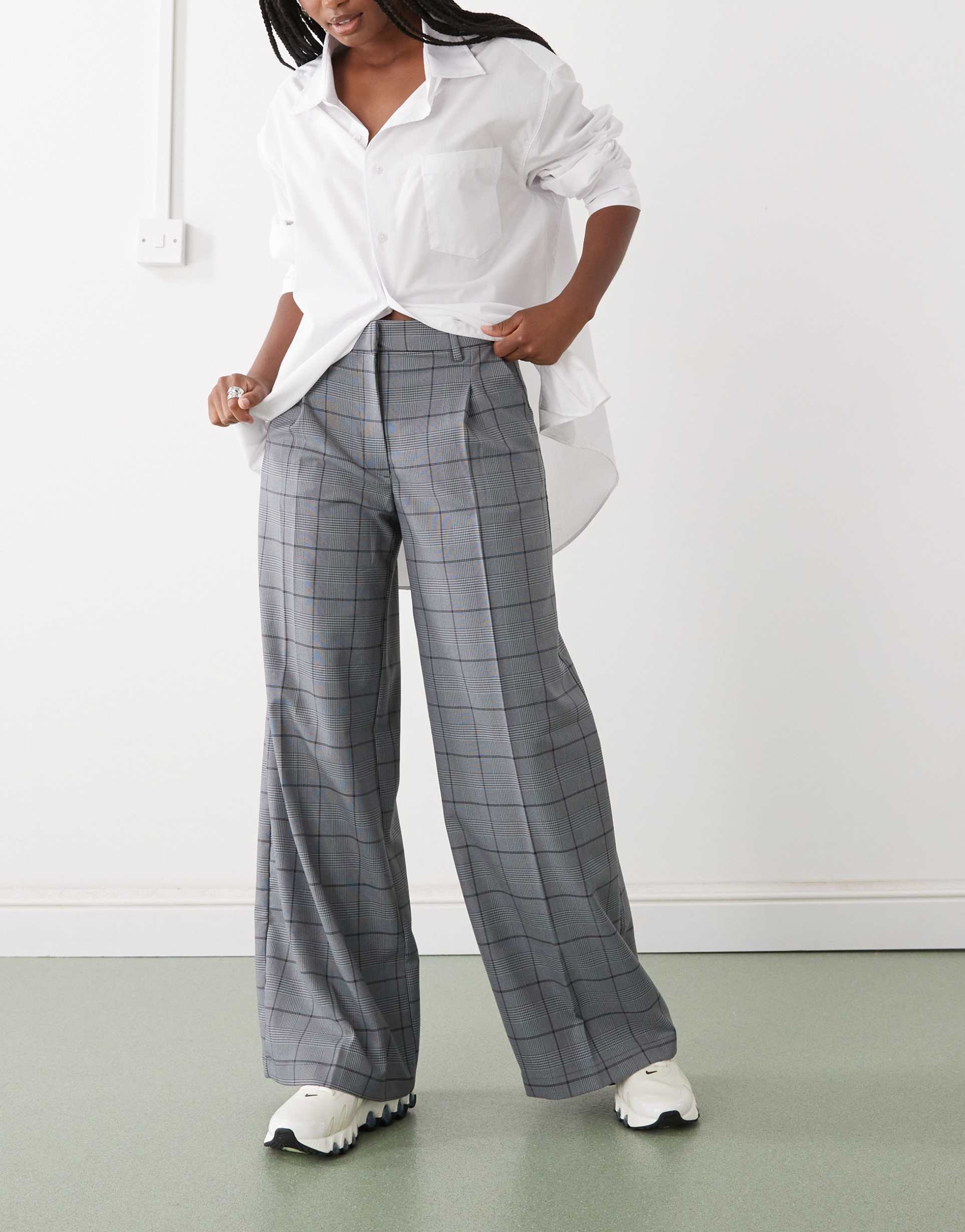 monki high waist wide leg pants with front pleat in gray check
