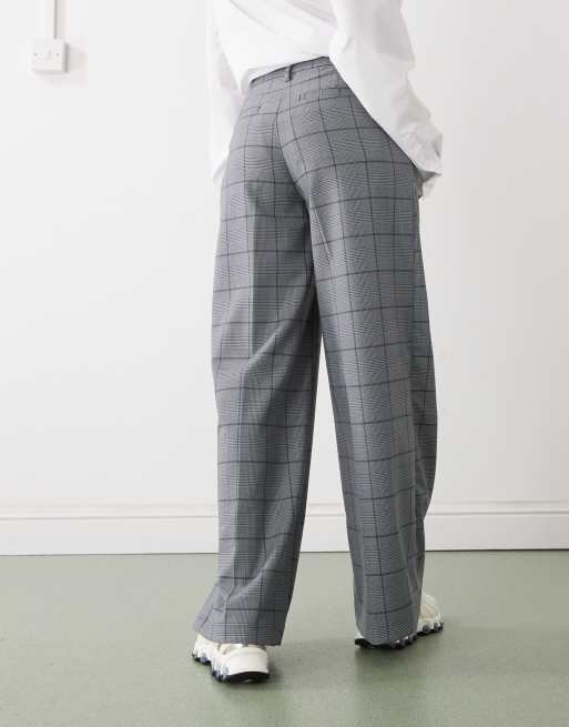 Monki high waist wide leg pants with front pleat in gray check | ASOS