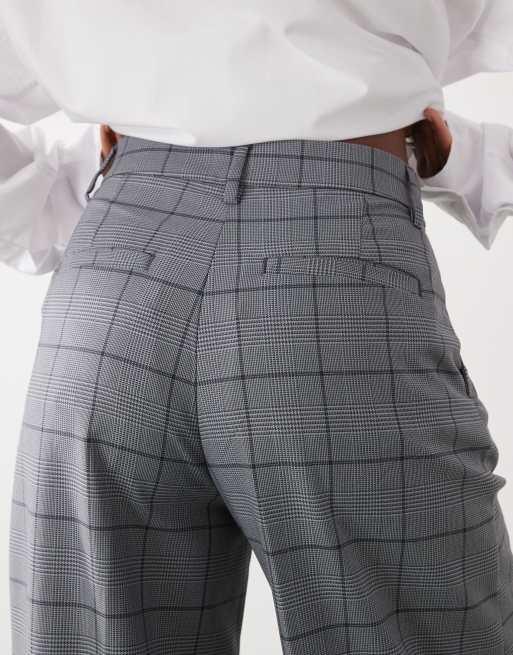 Monki high waist wide leg pants with front pleat in gray check | ASOS