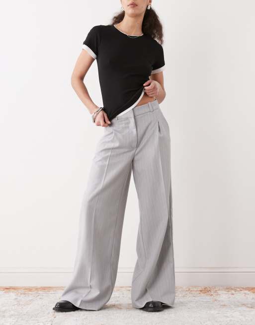 Monki high waist wide leg pants with front pleat in grey pinstripe, 2 of 5