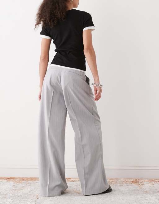 Monki high waist wide leg pants with front pleat in grey pinstripe, 3 of 5