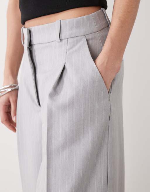 Monki high waist wide leg pants with front pleat in grey pinstripe, 5 of 5