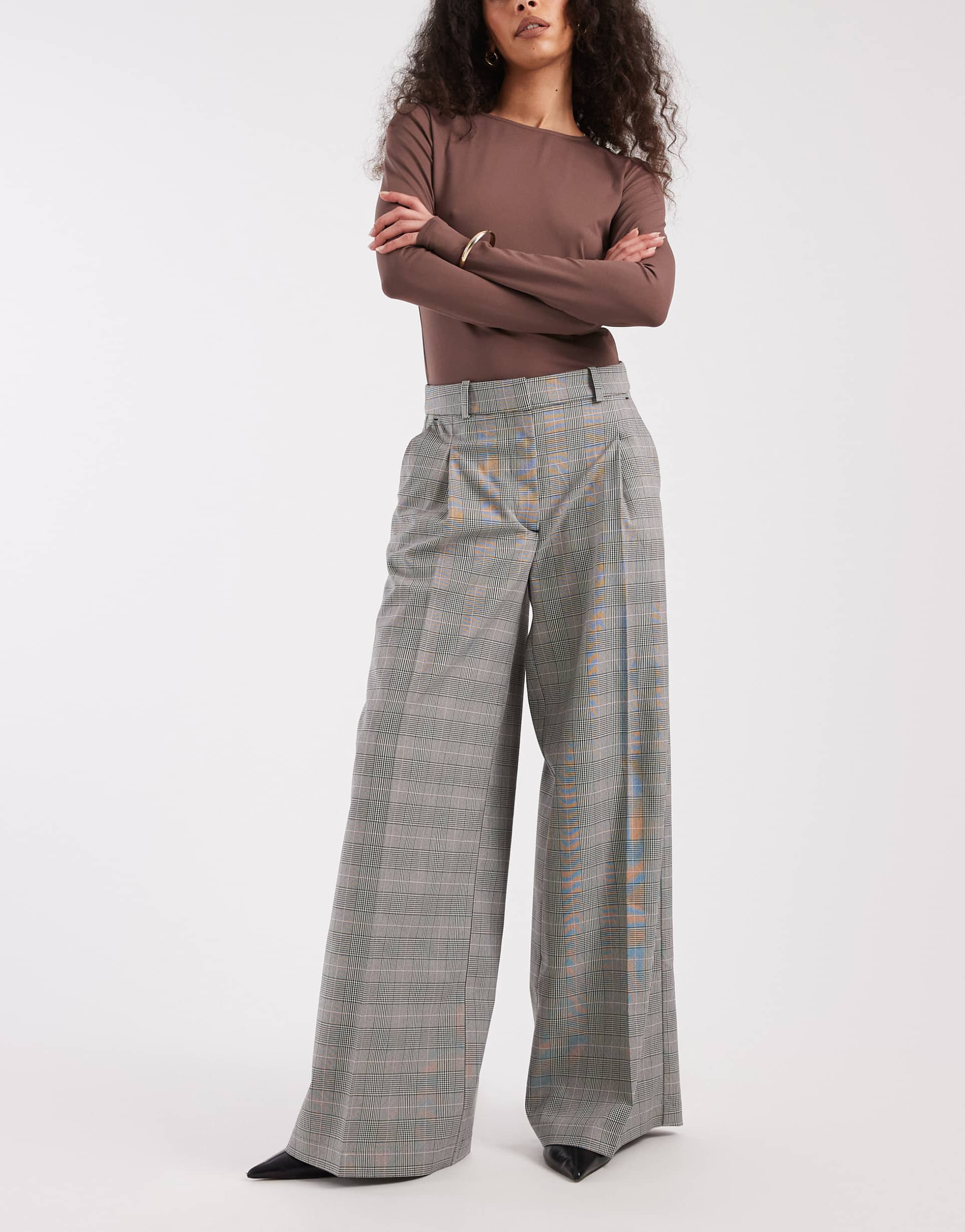 monki high waist wide leg pants with front pleat in plaid print