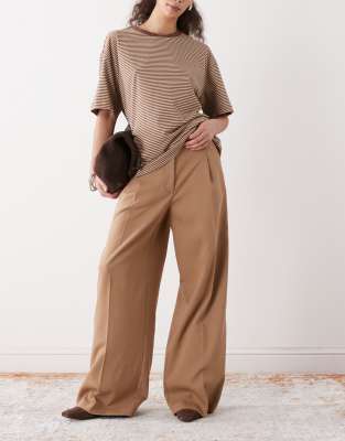 Monki high waist wide leg pants with front pleats in brown
