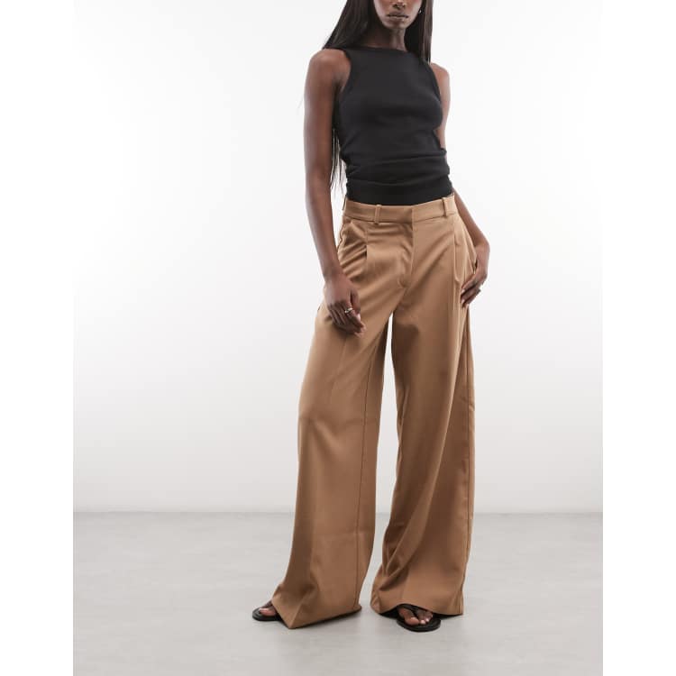 Monki high waist wide leg pants with front pleats in brown | ASOS