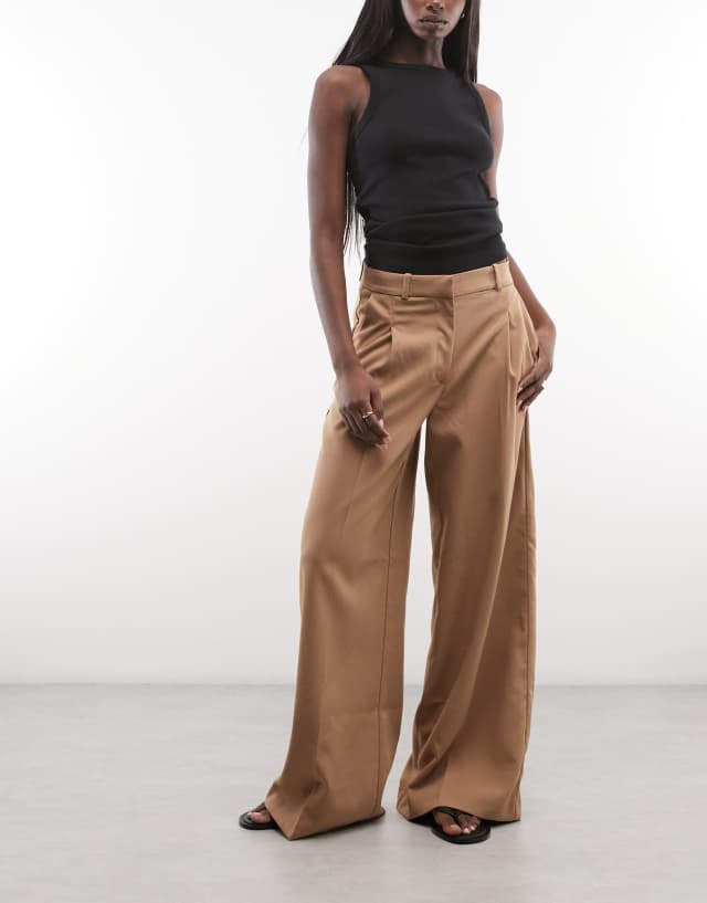 Monki high waist wide leg pants with front pleats in brown | ASOS