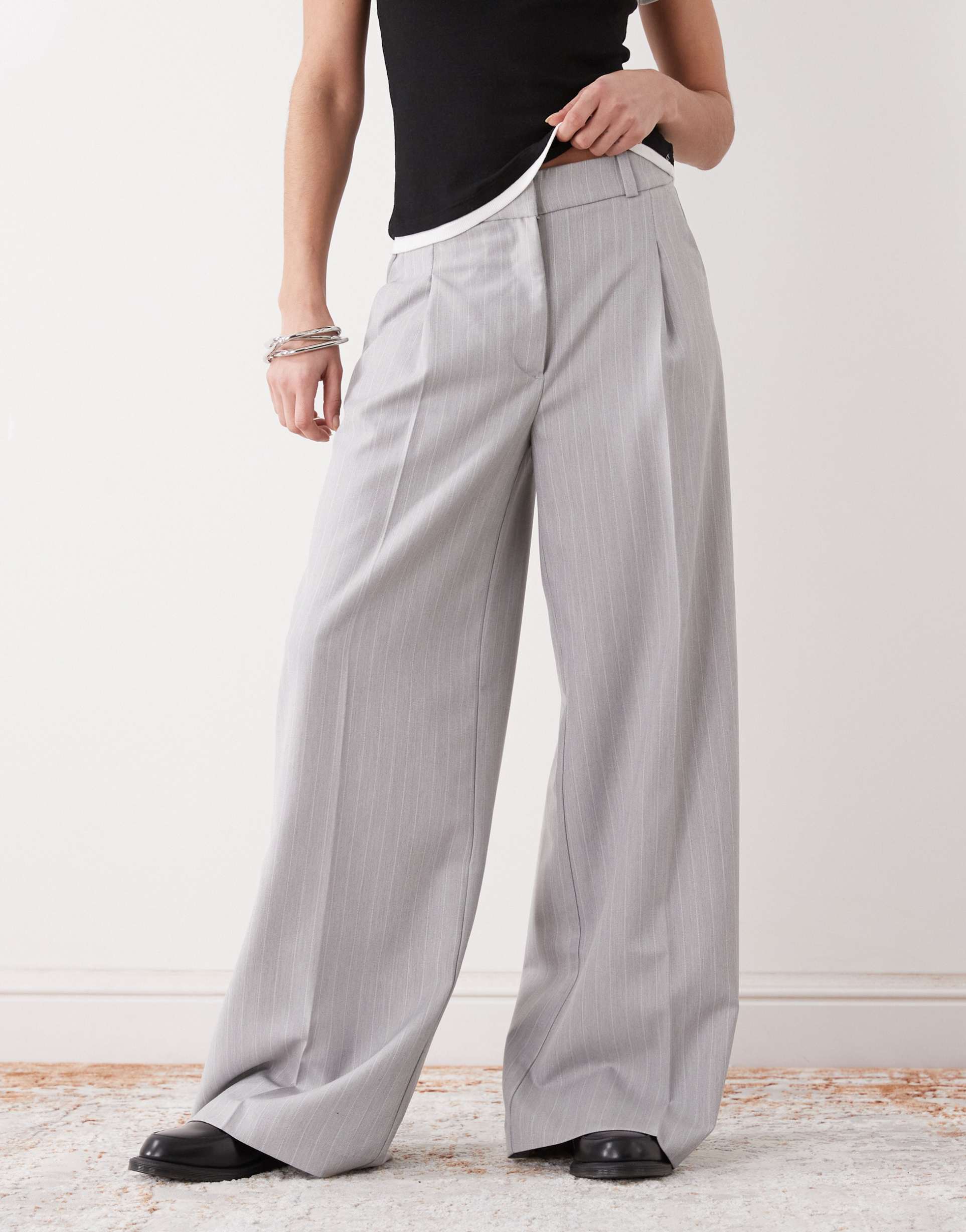 monki high waist wide leg pants with front pleats in gray pinstripes
