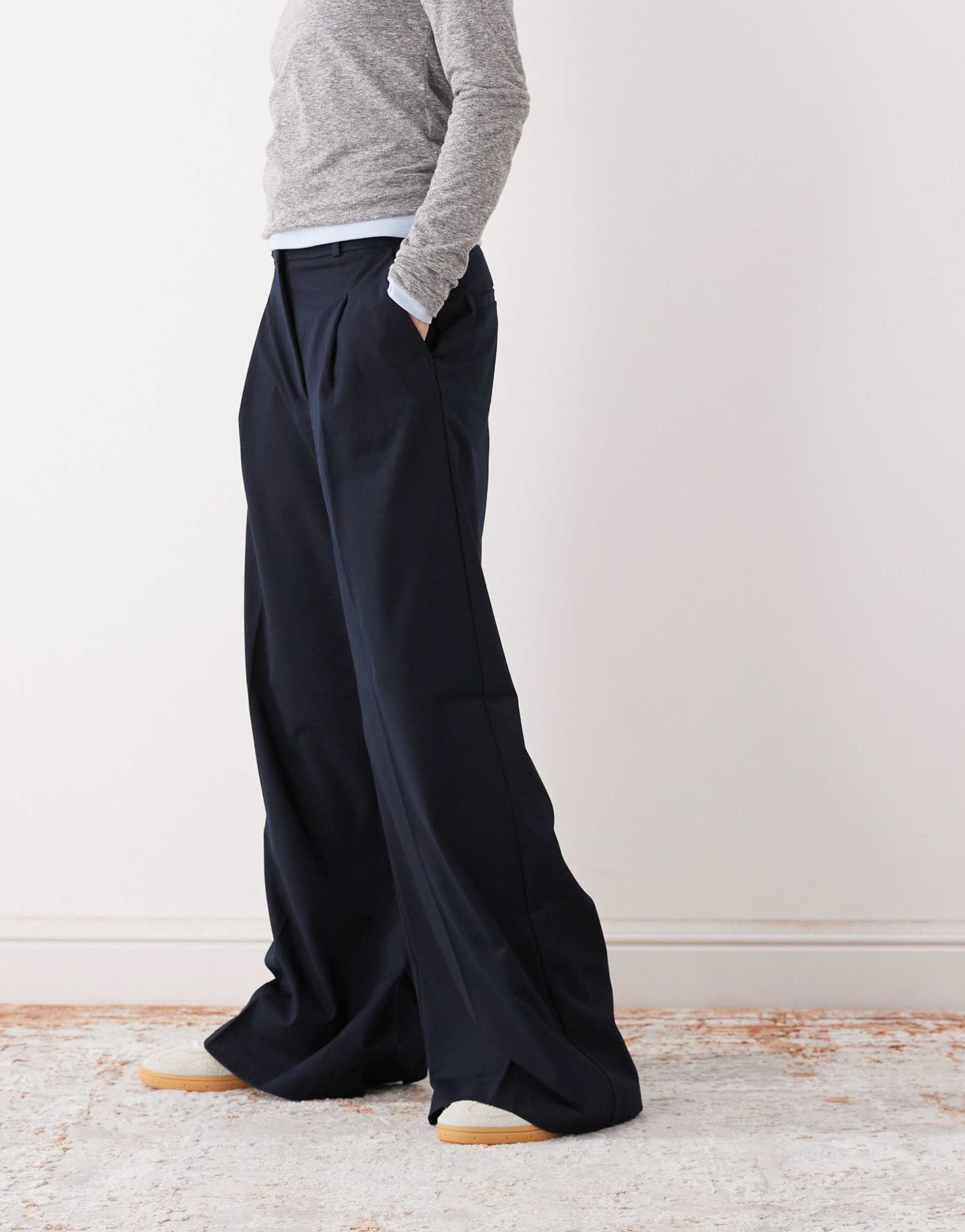 monki high waist wide leg pants with front pleats in navy