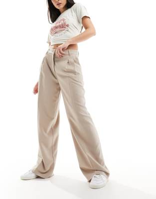 Monki High Waist Wide Leg Tailored Pants In Beige-neutral