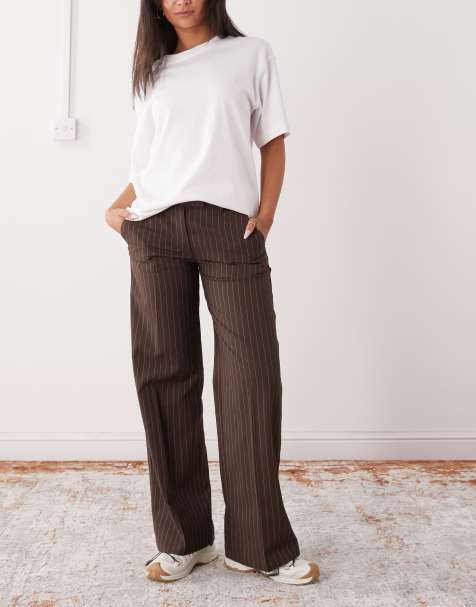Monki high waist wide leg tailored pants in brown pinstripes - view 1