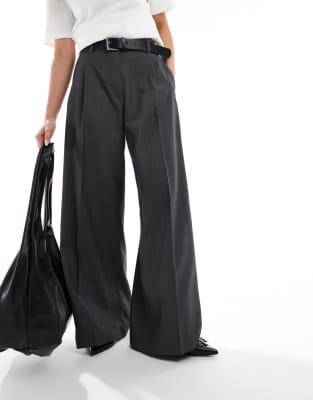 high waist wide leg tailored pants in dark gray melange