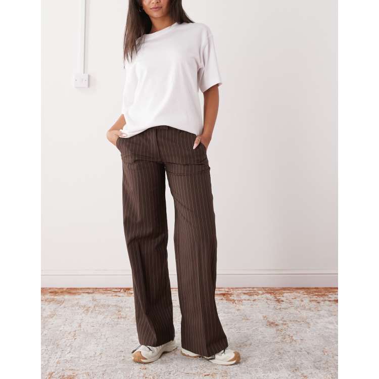 Monki high waist wide leg tailored trousers in brown pinstripe | ASOS