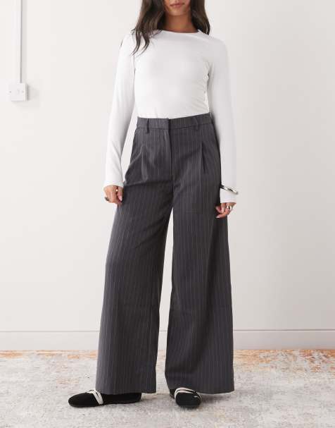 Monki high waist wide leg tailored trousers in dark grey pinstripe - view 1