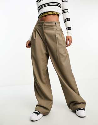 Monki Monki high waist wide leg tailored trousers in taupe-Neutral