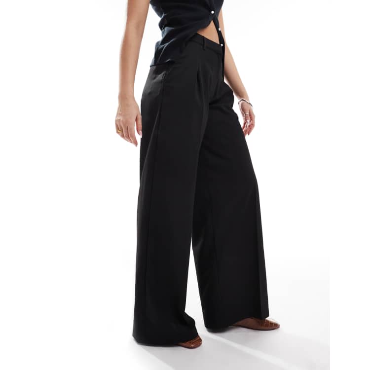Monki high waist wide leg trousers with front pleat in black | ASOS