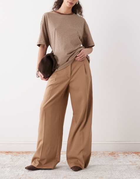 Monki high waist wide leg trousers with front pleat in brown