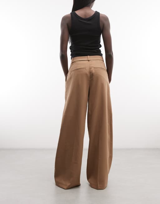 Monki high waist wide leg trousers with front pleat in brown, 2 of 5
