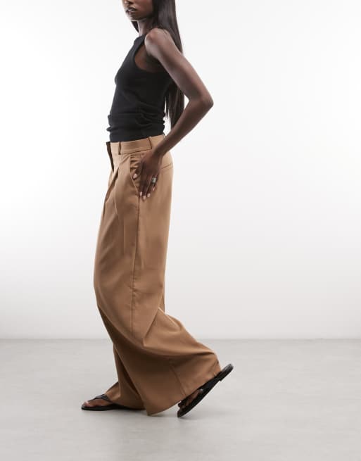 Monki high waist wide leg trousers with front pleat in brown, 3 of 5