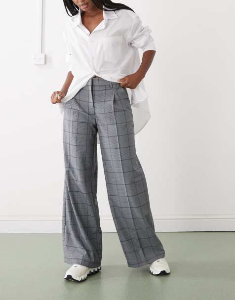 Monki high waist wide leg trousers with front pleat in grey check