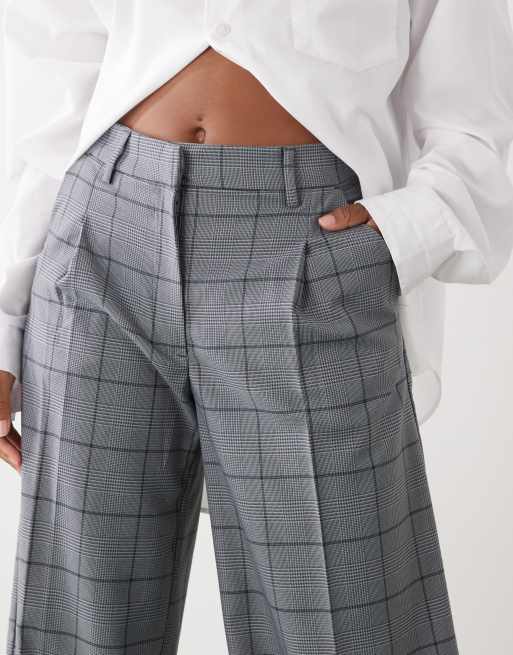Monki high waist wide leg trousers with front pleat in grey check