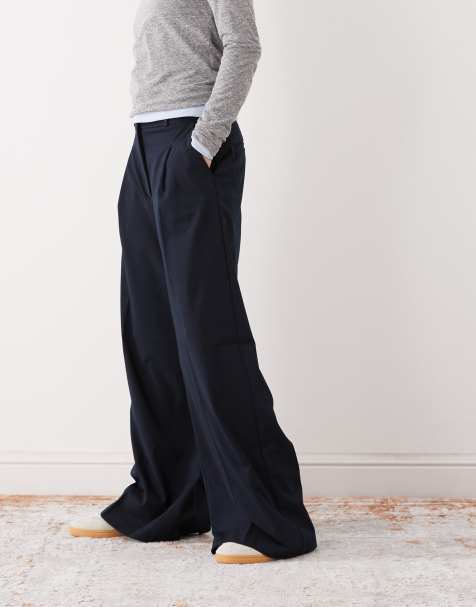 Monki high waist wide leg trousers with front pleat in navy