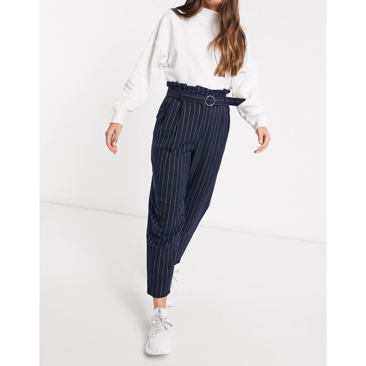 BELTED PINSTRIPE PANTS - Navy blue