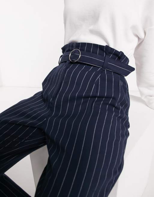 BELTED PINSTRIPE PANTS - Navy blue