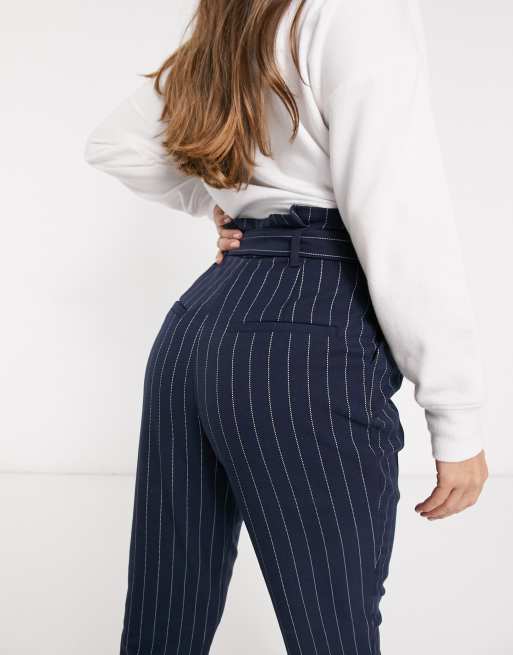 Monki high waisted belted trousers in pinstripe