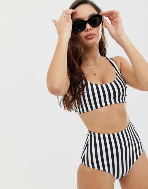 Monki high waisted bikini brief in black white stripe ASOS