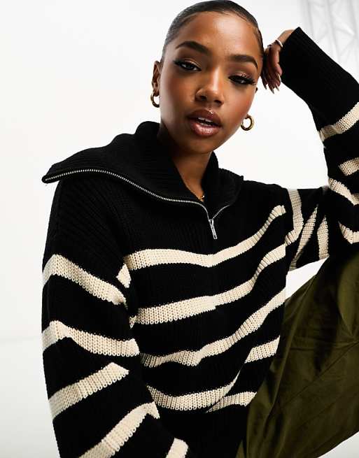 Monki high zip neck knit sweater in black and white stripe Monki high zip neck knit sweater in black and white stripe