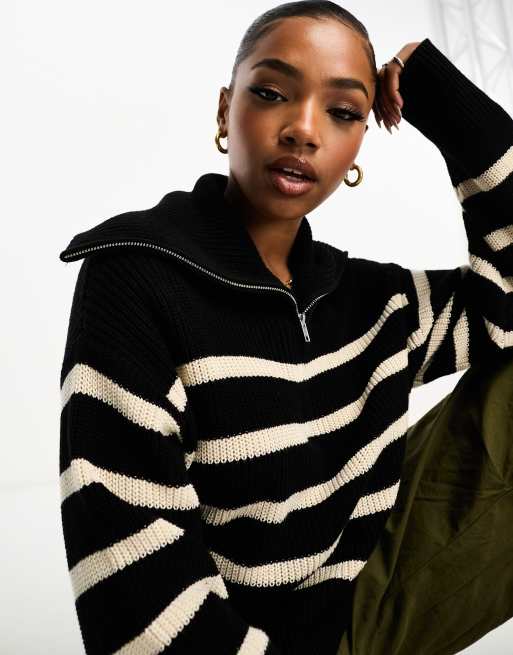 Monki high zip neck knit sweater in black and white stripe