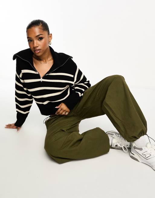 Monki high zip neck knit sweater in black and white stripe